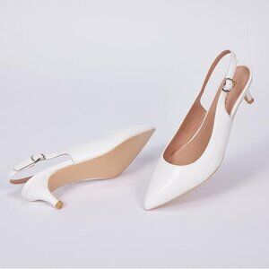 White Closed Toe Low Heels Slingback with Ankle Strap